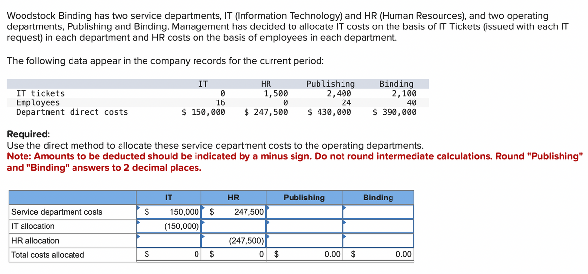 Woodstock Binding has two service departments, IT (Information Technology) and HR (Human Resources), and two operating
departments, Publishing and Binding. Management has decided to allocate IT costs on the basis of IT Tickets (issued with each IT
request) in each department and HR costs on the basis of employees in each department.
The following data appear in the company records for the current period:
IT tickets
Employees
Department direct costs
Service department costs
IT allocation
HR allocation
Total costs allocated
$
$
IT
IT
Required:
Use the direct method to allocate these service department costs to the operating departments.
Note: Amounts to be deducted should be indicated by a minus sign. Do not round intermediate calculations. Round "Publishing"
and "Binding" answers to 2 decimal places.
0
16
$ 150,000 $ 247,500
150,000 $
(150,000)
HR
0 $
HR
1,500
0
247,500
(247,500)
Publishing
2,400
24
$430,000
0 $
Publishing
0.00
Binding
2,100
40
$ 390,000
$
Binding
0.00