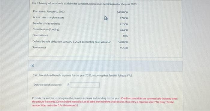 The following information is available for Sandhill Corporation's pension plan for the year 2023
Plan assets, January 1, 2023
$410,000
Actual return on plan assets
17,000
Benefits paid to retirees
41,500
Contributions (funding)
94,400
Discount rate
Defined benefit obligation, January 1, 2023, accounting basis valuation
Service cost
(a)
10%
Defined benefit expense $
520,000
65,500
Calculate defined benefit expense for the year 2023, assuming that Sandhill follows IFRS
Provide the entries to recognize the pension expense and funding for the year. (Credit account titles are automatically indented when
the amount is entered. Do not indent manually List all debit entries before credit entries. If no entry is required, select "No Entry" for the
account titles and enter for the amounts)