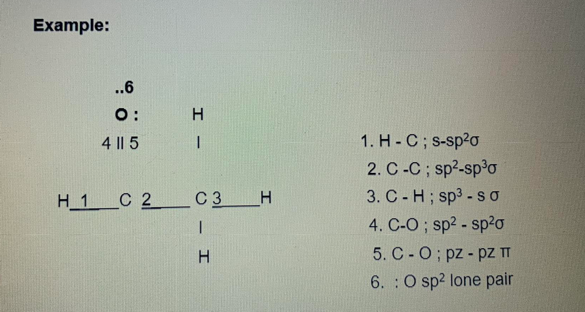 Example:
..6
O:
H.
4 || 5
1. H - C; S-sp?o
2. C -C ; sp?-sp'a
3. C -H; sp³-s o
4. C-O ; sp? - sp²o
H_1_C 2
C 3
H.
H.
5. C - 0; pz - pz T
6. :O sp? lone pair
