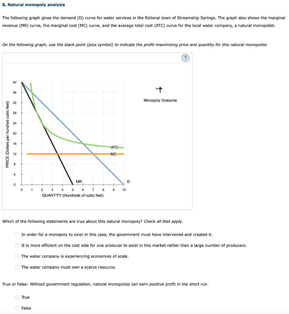 8. Natural monopoly analysis
The following graph gives the demand (D) curve for water services in the fictional town of Streamship Springs. The graph also shows the marginal
revenue (MR) curve, the marginal cost (MC) curve, and the average total cost (ATC) curve for the local water company, a natural monopolist.
On the following graph, use the black point (plus symbol) to indicate the profit-maximizing price and quantity for this natural monopolist.
?
PRICE (Dollars per hundred cubic feet)
40
36
32
28
24
20
16
12
8
4
0
0
1
+
2
True
MR
3
8
4 5 6 7
QUANTITY (Hundreds of cubic feet)
False
ATC
MC
9 10
D
+
Which of the following statements are true about this natural monopoly? Check all that apply.
Monopoly Outcome
In order for a monopoly to exist in this case, the government must have intervened and created it.
It is more efficient on the cost side for one producer to exist in this market rather than a large number of producers.
The water company is experiencing economies of scale.
The water company must own a scarce resource.
True or False: Without government regulation, natural monopolies can earn positive profit in the short run.