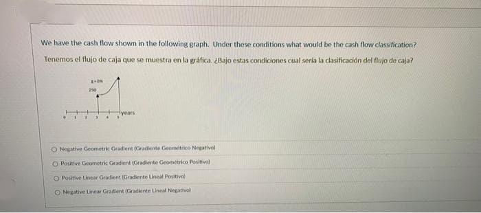 We have the cash flow shown in the following graph. Under these conditions what would be the cash flow classification?
Tenemos el flujo de caja que se muestra en la gráfica. ¿Bajo estas condiciones cual sería la clasificación del flujo de caja?
250
tyears
O Negative Geometrik Gradient (Gradiente Geométrico Negativol
O Positive Geometric Gradient (Gradiente Geométrico Positivo)
O Positive Linear Gradient (Gradiente Lineal Positivn)
O Negative Linear Gradient (Gradiente Lineal Negativol
