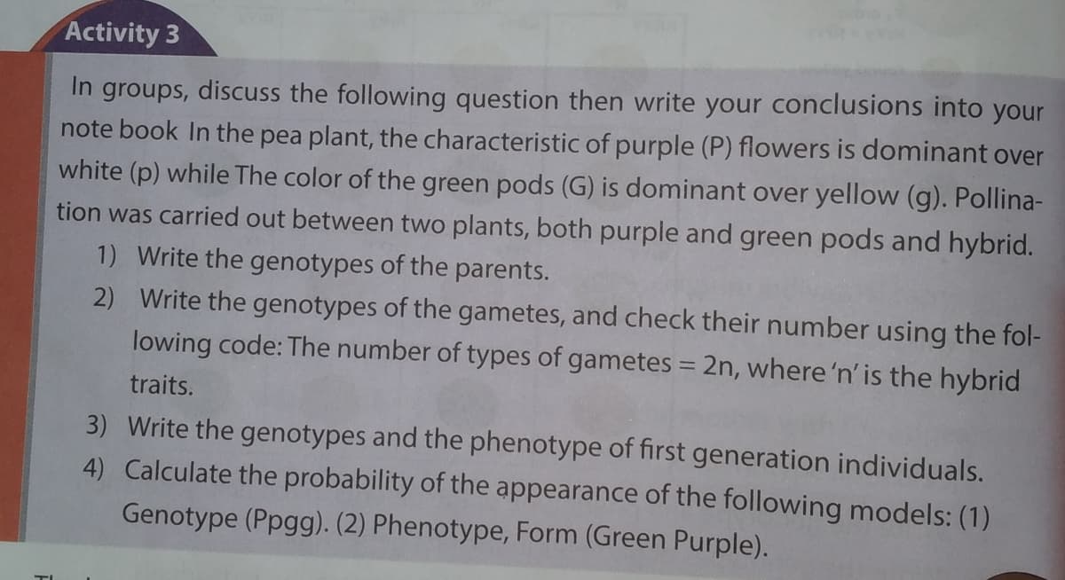 Activity 3
In groups, discuss the following question then write your conclusions into your
note book In the pea plant, the characteristic of purple (P) flowers is dominant over
white (p) while The color of the green pods (G) is dominant over yellow (g). Pollina-
tion was carried out between two plants, both purple and green pods and hybrid.
1) Write the genotypes of the parents.
2) Write the genotypes of the gametes, and check their number using the fol-
lowing code: The number of types of gametes = 2n, where 'n' is the hybrid
traits.
3) Write the genotypes and the phenotype of first generation individuals.
4) Calculate the probability of the appearance of the following models: (1)
Genotype (Ppgg). (2) Phenotype, Form (Green Purple).

