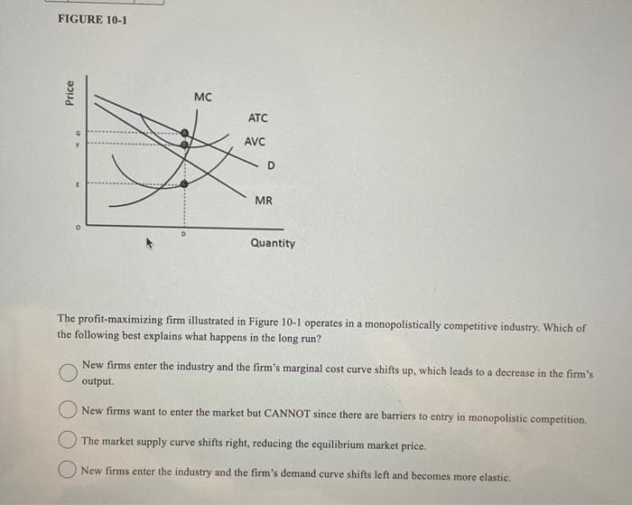 FIGURE 10-1
Price
MC
ATC
AVC
D
MR
Quantity
The profit-maximizing firm illustrated in Figure 10-1 operates in a monopolistically competitive industry. Which of
the following best explains what happens in the long run?
New firms enter the industry and the firm's marginal cost curve shifts up, which leads to a decrease in the firm's
O
output.
New firms want to enter the market but CANNOT since there are barriers to entry in monopolistic competition.
The market supply curve shifts right, reducing the equilibrium market price.
New firms enter the industry and the firm's demand curve shifts left and becomes more elastic.