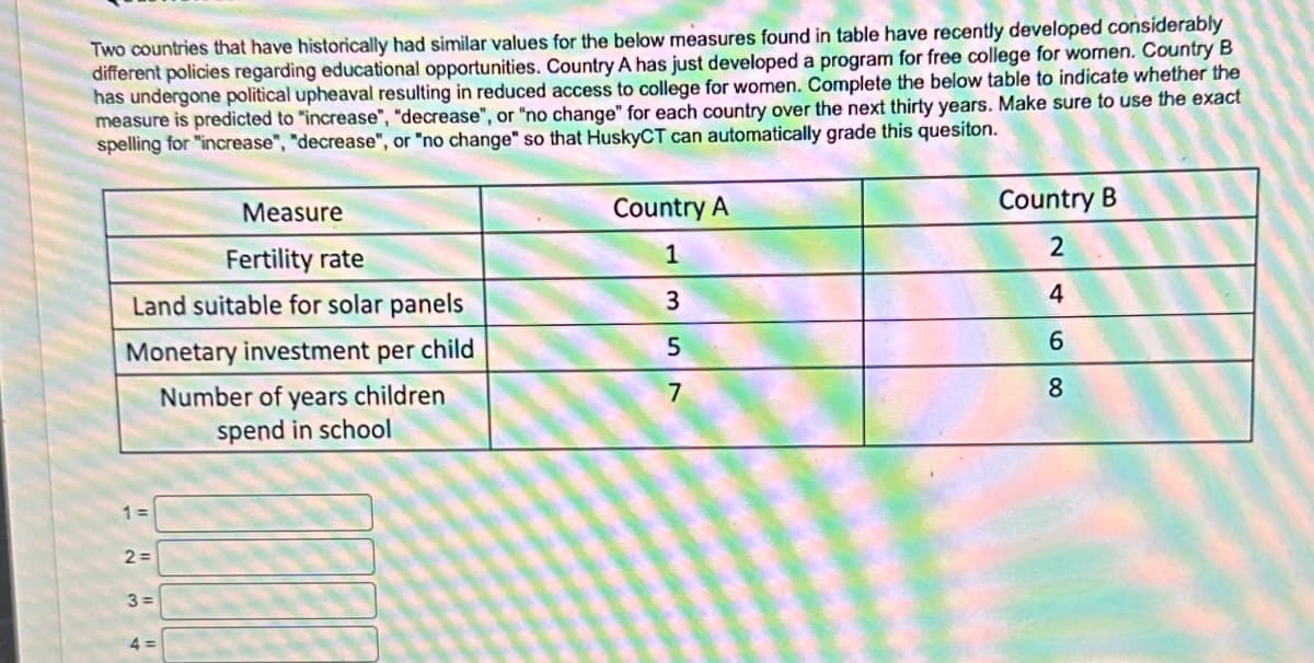 Two countries that have historically had similar values for the below measures found in table have recently developed considerably
different policies regarding educational opportunities. Country A has just developed a program for free college for women. Country B
has undergone political upheaval resulting in reduced access to college for women. Complete the below table to indicate whether the
measure is predicted to "increase", "decrease", or "no change" for each country over the next thirty years. Make sure to use the exact
spelling for "increase", "decrease", or "no change" so that HuskyCT can automatically grade this quesiton.
Measure
Fertility rate
Land suitable for solar panels
Monetary investment per child
Number of years children
spend in school
1=
2=
3=
4=
Country A
1
3
5
7
Country B
2
4
68