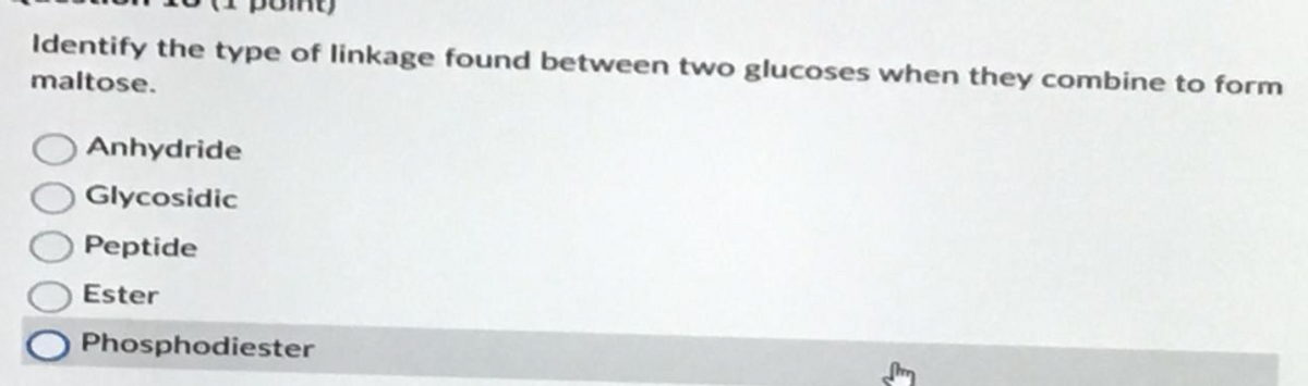 Identify the type of linkage found between two glucoses when they combine to form
maltose.
Anhydride
Glycosidic
Peptide
Ester
Phosphodiester