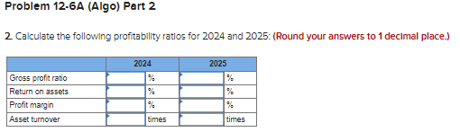 Problem 12-6A (Algo) Part 2
2. Calculate the following profitability ratios for 2024 and 2025: (Round your answers to 1 decimal place.)
Gross profit ratio
Return on assets
Profit margin
Asset turnover
2024
times
2025
%
times