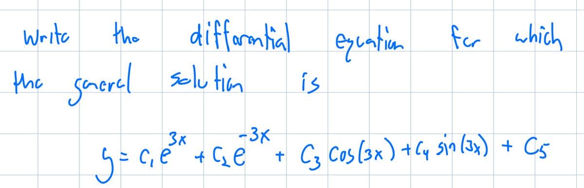 Write
the
difformtial equation for which
the general solution.
3x
y= c, e³ +
се +ce
-3x
+
is
C3 Cos (3x) + C4 sin (3x) + C5