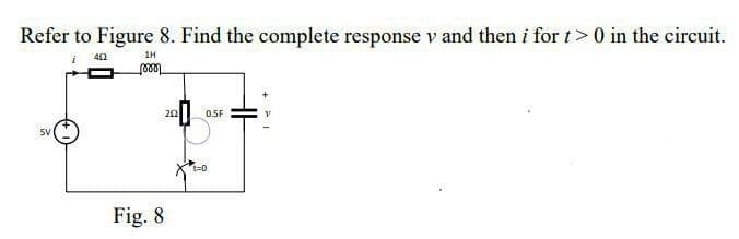 Refer to Figure 8. Find the complete response v and then i for t> 0 in the circuit.
i 402
1H
mom
0.5F
5V
Fig. 8
252
t=0
>