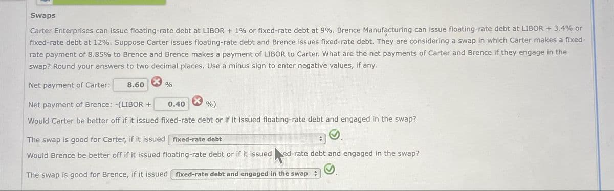 Swaps
Carter Enterprises can issue floating-rate debt at LIBOR + 1% or fixed-rate debt at 9%. Brence Manufacturing can issue floating-rate debt at LIBOR +3.4% or
fixed-rate debt at 12%. Suppose Carter issues floating-rate debt and Brence issues fixed-rate debt. They are considering a swap in which Carter makes a fixed-
rate payment of 8.85% to Brence and Brence makes a payment of LIBOR to Carter. What are the net payments of Carter and Brence if they engage in the
swap? Round your answers to two decimal places. Use a minus sign to enter negative values, if any.
Net payment of Carter: 8.60
%
Net payment of Brence: -(LIBOR +
0.40
%)
Would Carter be better off if it issued fixed-rate debt or if it issued floating-rate debt and engaged in the swap?
The swap is good for Carter, if it issued fixed-rate debt
Would Brence be better off if it issued floating-rate debt or if it issued ed-rate debt and engaged in the swap?
ed-
The swap is good for Brence, if it issued fixed-rate debt and engaged in the swap +