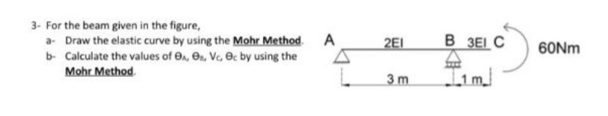 3- For the beam given in the figure,
a- Draw the elastic curve by using the Mohr Method.
b- Calculate the values of A, O, Vc, ec by using the
Mohr Method.
A
2E1
3m
B 3E1 C
60Nm