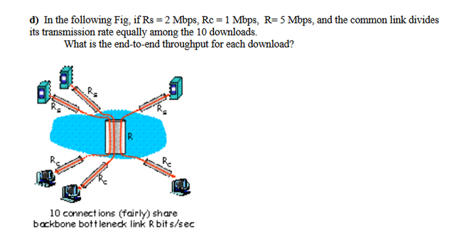 d) In the following Fig, if Rs = 2 Mbps, Rc = 1 Mbps, R= 5 Mbps, and the common link divides
its transmission rate equally among the 10 downloads.
What is the end-to-end throughput for each download?
R
10 connections (fairly) share
backbone bottleneck link R bits/sec