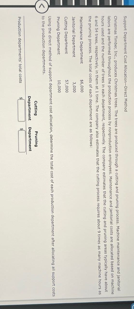 Support Department Cost Allocation-Direct Method
Christmas Timber, Inc., produces Christmas trees. The trees are produced through a cutting and pruning process. Machine maintenance and janitorial
labors are performed throughout the production process by nonproduction employees. Maintenance and janitorial costs are allocated based on machine
hours used and the number of trees in each department, respectively. The company estimates that the cutting and pruning areas typically have about
6 and 54 trees, respectively, in them at 1 time. The company also estimates that the cutting process requires about 9 times as many machine hours as
the pruning process. The total costs of each department are as follows:
Maintenance Department
$6,000
3,000
Janitorial Department
Cutting Department
Pruning Department
57,000
10,000
Using the direct method of support department cost allocation, determine the total cost of each production department after allocating all support costs
to the production departments.
Production departments' total costs
Cutting
Department
Pruning
Department
$