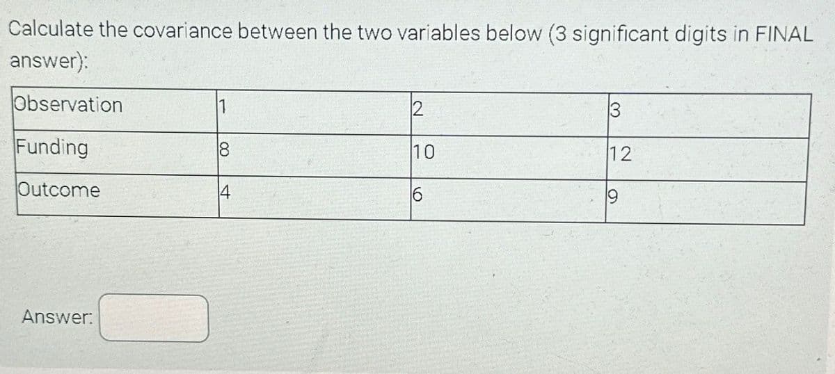 Calculate the covariance between the two variables below (3 significant digits in FINAL
answer):
Observation
1
Funding
10
12
Outcome
4
9
Answer: