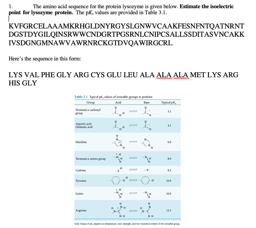 1.
The amino acid sequence for the protein lysozyme is given below. Estimate the isoelectric
point for lysozyme protein. The pK, values are provided in Table 3.1.
KVFGRCELAAAMKRHGLDNYRGYSLGNWVCAAKFESNFNTQATNRNT
DGSTDYGILQINSRWWCNDGRTPGSRNLCNIPCSALLSSDITASVNCAKK
IVSDGNGMNAWVAWRNRCKGTDVQAWIRGCRL
Here's the sequence in this form:
LYS VAL PHE GLY ARG CYS GLU LEU ALA ALA ALA MET LYS ARG
HIS GLY
Table 3.1 Typical pk, values of ionizable groups in proteins
Group
Acid
Typical pK,
Base
Terminal a-carboxyl
3.1
group
Aspartic acid
Glutamic acid
4.1
N.
Histidine
6.0
-N
+ H
Terminal a-amino group
8.0
Cysteine
8.3
Тутosine
10.9
+ H
Lysine
10.8
H
H.
+ N-H
Arginine
12.5
N-H
N-H
Note: Values of pk, depend on temperature, ionic strength, and the microenvironment of the ionizable group.
in
