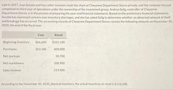 Late in 2017, Joan Seceda and four other investors took the chain of Cheyenne Department Stores private, and the company has just
completed its third year of operations under the ownership of the investment group. Andrea Selig, controller of Cheyenne
Department Stores, is in the process of preparing the year-end financial statements. Based on the preliminary financial statements,
Seceda has expressed concern over inventory shortages, and she has asked Selig to determine whether an abnormal amount of theft
and breakage has occurred. The accounting records of Cheyenne Department Stores contain the following amounts on November 30,
2020, the end of the fiscal year.
Beginning inventory
Purchases
Net markups
Net markdowns
Sales revenue
Cost
$66,600
263,186
Retail
$101,100
400,000
50,700
108,900
319,900
According to the November 30, 2020, physical inventory, the actual inventory at retail is $118,200.