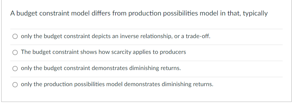 A budget constraint model differs from production possibilities model in that, typically
O only the budget constraint depicts an inverse relationship, or a trade-off.
The budget constraint shows how scarcity applies to producers
O only the budget constraint demonstrates diminishing returns.
only the production possibilities model demonstrates diminishing returns.