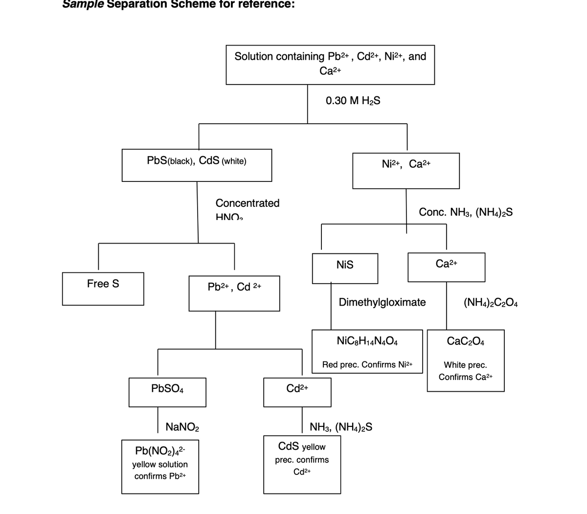 Sample Separation Scheme for reference:
Solution containing Pb2* , Cd2+, Ni2+, and
Ca2+
0.30 M H2S
PbS(black), CdS (white)
Ni2+, Ca2+
Concentrated
Conc. NH3, (NH4)2S
"ONH
NiS
Ca2+
Free S
Pb2+ , Cd 2+
Dimethylgloximate
(NH4)2C2O4
NIC3H14N4O4
CaC204
Red prec. Confirms Ni2+
White prec.
Confirms Ca2+
PBSO4
Cd2+
NaNO2
NH3, (NH4)2S
CdS yellow
Pb(NO2)4?
prec. confirms
yellow solution
Cd2+
confirms Pb2+
