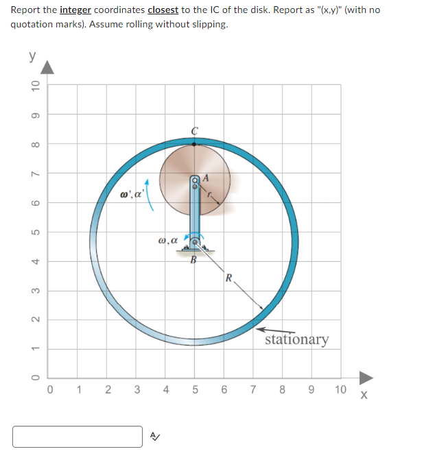 Report the integer coordinates closest to the IC of the disk. Report as "(x,y)" (with no
quotation marks). Assume rolling without slipping.
y
10
6
8
L 9
5
4
3
2
1
0
0 1
2
@',α'
3
@,α
A
fo
R
stationary
4 5 6 7 8 9
10
X