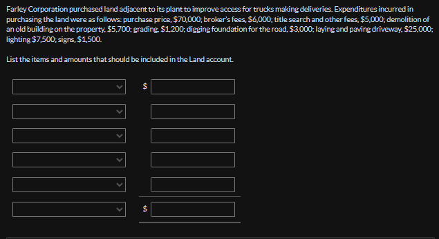 Farley Corporation purchased land adjacent to its plant to improve access for trucks making deliveries. Expenditures incurred in
purchasing the land were as follows: purchase price, $70,000; broker's fees, $6,000; title search and other fees, $5,000; demolition of
an old building on the property, $5,700; grading $1,200; digging foundation for the road, $3,000; laying and paving driveway. $25,000;
lighting $7,500; signs, $1,500.
List the items and amounts that should be included in the Land account.
$
$