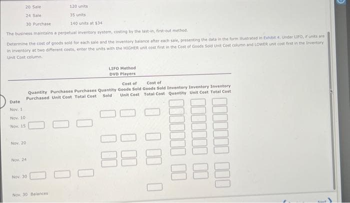20 Sale
24 Sale
30 Purchase
The business maintains a perpetual inventory system, costing by the last-in, first-out method.
Determine the cost of goods sold for each sale and the inventory balance after each sale, presenting the data in the form illustrated in Exhibit 4. Under LIFO, if units are
in inventory at two different costs, enter the units with the HIGHER unit cost first in the Cost of Goods Sold Unit Cost column and LOWER unit cost first in the Inventory
Unit Cost column.
Date
Nov. 1
Nov. 10
Nov. 15.
Quantity Purchases Purchases Quantity
Purchased Unit Cost Total Cost
Sold
Nov, 201
Nov. 24
Nov. 30
0
120 units
35 units
140 units at $34
0
Nov. 30 Balances
LIFO Method
DVD Players
0
0
Cost of
Cost of
Goods Sold Goods Sold Inventory Inventory Inventory
Unit Cost Total Cost Quantity Unit Cost Total Cost
888
0
00000000
888
Nave