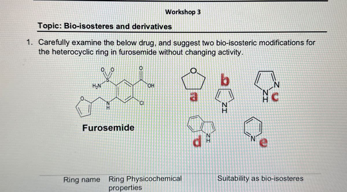 Workshop 3
Topic: Bio-isosteres and derivatives
1. Carefully examine the below drug, and suggest two bio-isosteric modifications for
the heterocyclic ring in furosemide without changing activity.
00
0
H₂N
S
O
b
OH
a
ZI
N
N
C
H
N
CI
Furosemide
Ring name Ring Physicochemical
properties
P
NI
ZI
N
e
Suitability as bio-isosteres