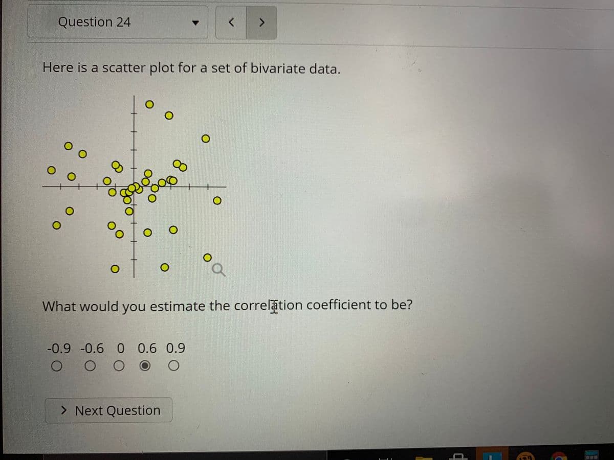 Question 24
Here is a scatter plot for a set of bivariate data.
80
What would you estimate the correlation coefficient to be?
-0.9 -0.6 0 0.6 0.9
> Next Question
00
