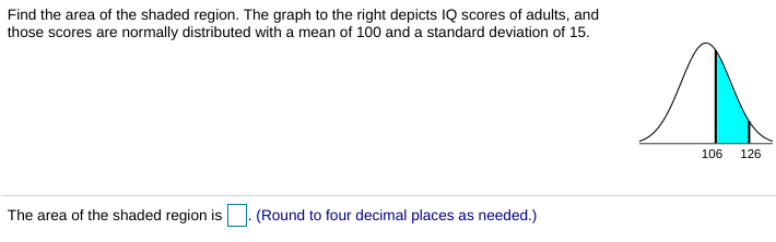 Find the area of the shaded region. The graph to the right depicts IQ scores of adults, and
those scores are normally distributed with a mean of 100 and a standard deviation of 15.
106
126
The area of the shaded region is (Round to four decimal places as needed.)
