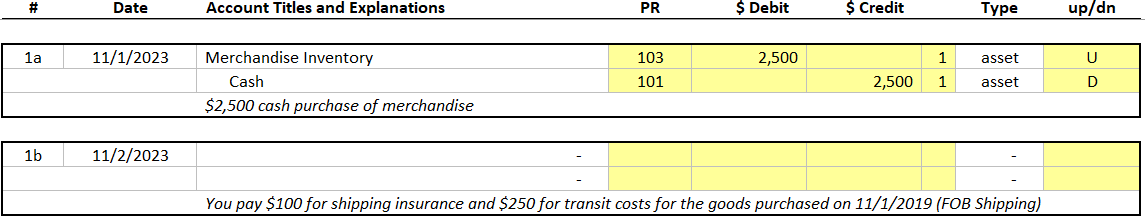 #
1a
1b
Date
11/1/2023
11/2/2023
Account Titles and Explanations
Merchandise Inventory
Cash
$2,500 cash purchase of merchandise
PR
103
101
$ Debit
2,500
$ Credit
1
2,500 1
Type
asset
asset
You pay $100 for shipping insurance and $250 for transit costs for the goods purchased on 11/1/2019 (FOB Shipping)
up/dn
U
D