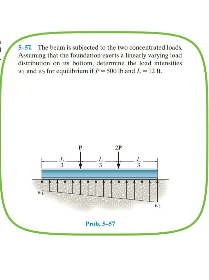 5-57. The beam is subjected to the two concentrated loads.
Assuming that the foundation exerts a linearly varying load
distribution on its bottom, determine the load intensities
W1 and w2 for equilibrium if P= 500 lb and L= 12 ft.
2P
W2
Prob. 5-57
