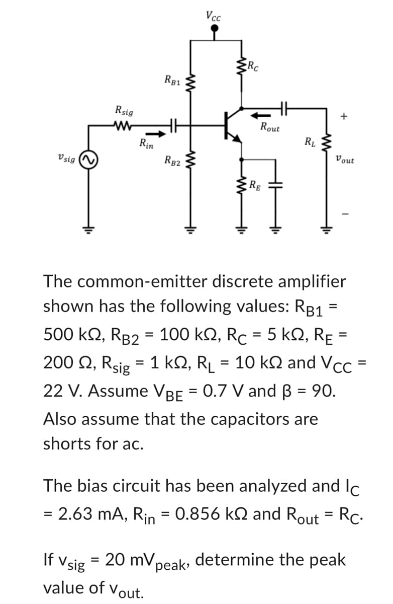 Vsig
Rsig
www
Rin
RB1
RB2
Vcc
If Vsig = 20 mVp
value of Vout.
Rc
HH
Rout
RE
RL
+
The common-emitter discrete amplifier
shown has the following values: RB1
=
Vout
=
500 kQ, RB2 = 100 kQ, Rc = 5 k2, RE
200 £2, Rsig = 1 kN, R₁ = 10 k§ and Vcc=
22 V. Assume VBE = 0.7 V and B = 90.
Also assume that the capacitors are
shorts for ac.
The bias circuit has been analyzed and Ic
= 2.63 mA, Rin = 0.856 k and Rout = Rc.
peak, determine the peak