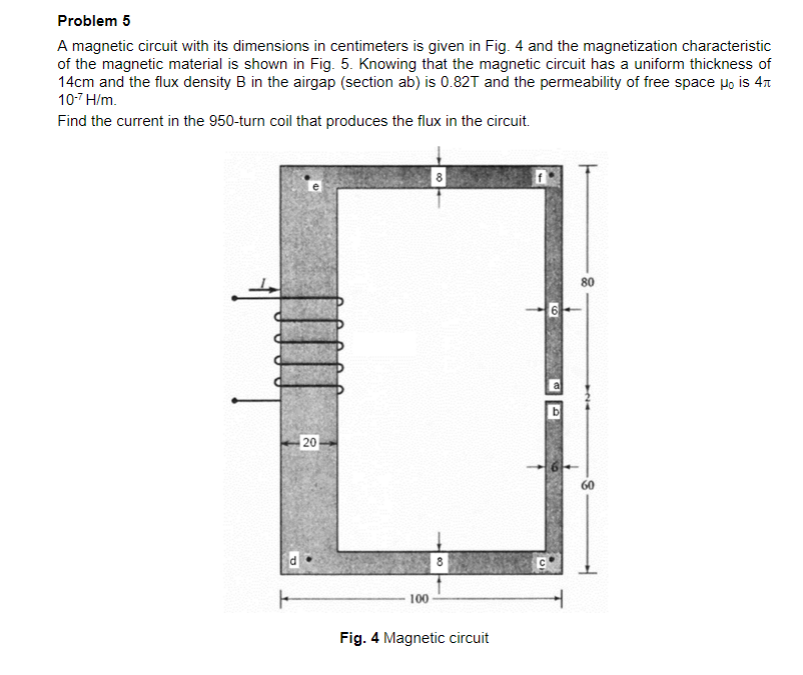 Problem 5
A magnetic circuit with its dimensions in centimeters is given in Fig. 4 and the magnetization characteristic
of the magnetic material is shown in Fig. 5. Knowing that the magnetic circuit has a uniform thickness of
14cm and the flux density B in the airgap (section ab) is 0.82T and the permeability of free space po is 47
10-7 H/m.
Find the current in the 950-turn coil that produces the flux in the circuit.
80
20
60
100
Fig. 4 Magnetic circuit
