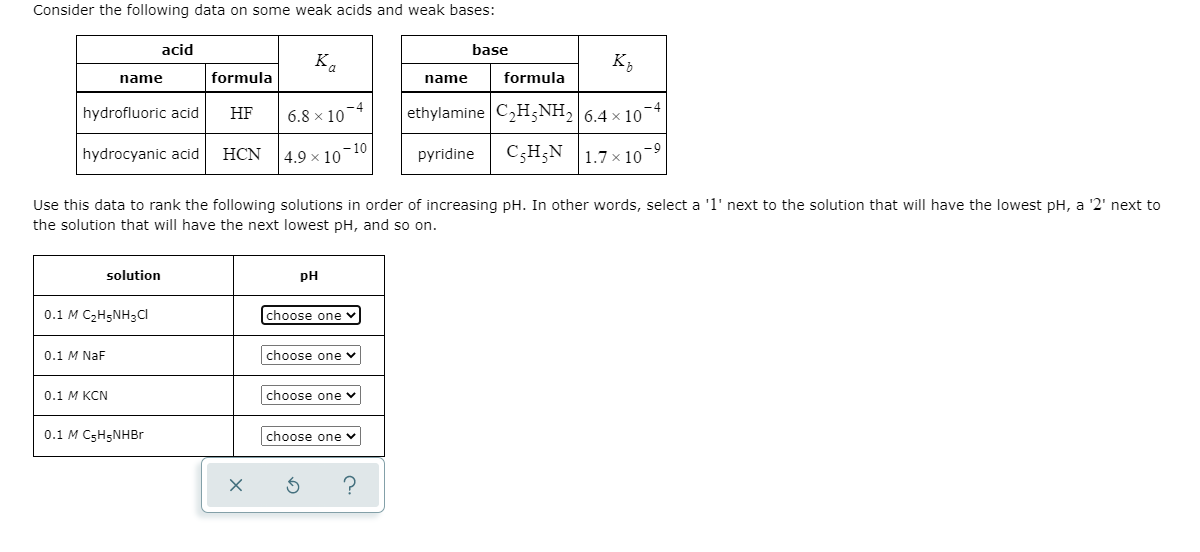 Consider the following data on some weak acids and weak bases:
acid
base
Ka
K,
name
formula
name
formula
hydrofluoric acid
HF
-4
6.8 x 10
ethylamine C,H5NH, 6.4 × 10
-4
hydrocyanic acid
C;H;N |1.7× 10
-9
HCN
4.9 × 10-10
pyridine
Use this data to rank the following solutions in order of increasing pH. In other words, select a '1' next to the solution that will have the lowest pH, a '2' next to
the solution that will have the next lowest pH, and so on.
solution
pH
0.1 M C2H5NH3CI
choose one
0.1 M NaF
choose one v
0.1 М кCN
choose one
0.1 M C5H5NHBr
choose one v
