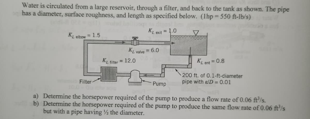 Water is circulated from a large reservoir, through a filter, and back to the tank as shown. The pipe
has a diameter, surface roughness, and length as specified below. (1hp = 550 ft-lb/s)
1022=1
KL elbow
1.5
K₁ filter
msib Filter
10.0 - Gariw aq
copo
K₁ 1.0
exit
KL valve = 6.0
= 12.0
KL ent = 0.8
200 ft. of 0.1-ft-diameter
pipe with &/D = 0.01
Pump
a) Determine the horsepower required of the pump to produce a flow rate of 0.06 ft³/s.
b) Determine the horsepower required of the pump to produce the same flow rate of 0.06 ft³/s
but with a pipe having the diameter.