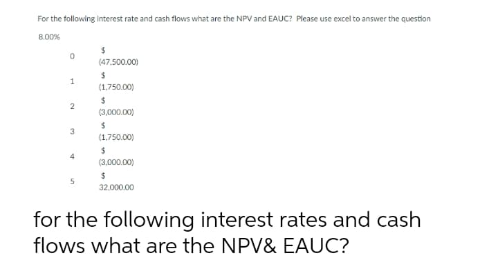 For the following interest rate and cash flows what are the NPV and EAUC? Please use excel to answer the question
8.00%
(47,500.00)
$
(1,750.00)
24
2
(3,000.00)
24
(1,750.00)
4
(3,000.00)
5
32,000.00
for the following interest rates and cash
flows what are the NPV& EAUC?
