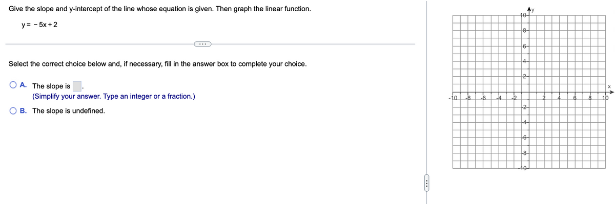 Give the slope and y-intercept of the line whose equation is given. Then graph the linear function.
y = -5x + 2
Select the correct choice below and, if necessary, fill in the answer box to complete your choice.
OA. The slope is
(Simplify your answer. Type an integer or a fraction.)
B. The slope is undefined.
C
-10
-8
10-
8-
6-
4-
2
--6-
-8-
10-
6
8
10