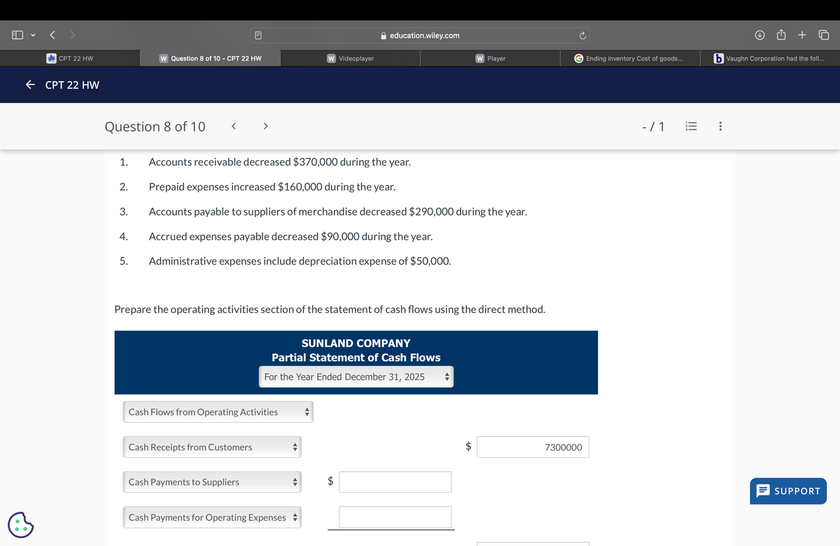 ✓
CPT 22 HW
W Question 8 of 10 - CPT 22 HW
W Videoplayer
← CPT 22 HW
education.wiley.com
+
W Player
Ending inventory Cost of goods...
b Vaughn Corporation had the foll...
Question 8 of 10
<
1.
Accounts receivable decreased $370,000 during the year.
2.
Prepaid expenses increased $160,000 during the year.
3.
Accounts payable to suppliers of merchandise decreased $290,000 during the year.
4.
Accrued expenses payable decreased $90,000 during the year.
5.
Administrative expenses include depreciation expense of $50,000.
Prepare the operating activities section of the statement of cash flows using the direct method.
SUNLAND COMPANY
Partial Statement of Cash Flows
For the Year Ended December 31, 2025
Cash Flows from Operating Activities
Cash Receipts from Customers
Cash Payments to Suppliers
Cash Payments for Operating Expenses
A
A
7300000
- / 1
E
SUPPORT