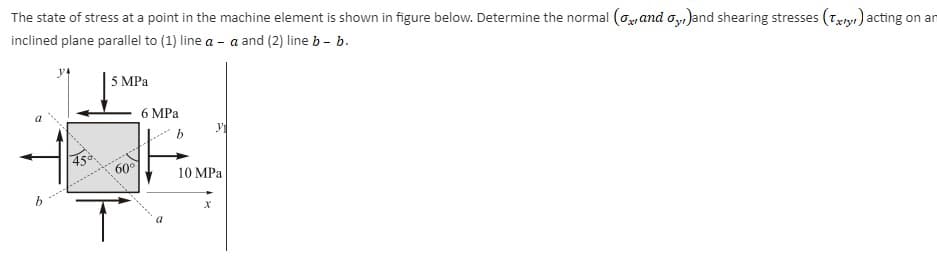 The state of stress at a point in the machine element is shown in figure below. Determine the normal (o, and o, Jand shearing stresses (7xryı) acting on an
inclined plane parallel to (1) line a - a and (2) line b – b.
5 MPa
6 MPa
45°
60
10 MPa
