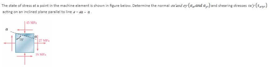 The state of stress at a point in the machine element is shown in figure below. Determine the normal ox'and ay (oand o,) and shearing stresses rxy(1xy1)
acting on an inclined plane parallel to line a - aa - a.
| 45 MPa
75
27 MPa
18 MPa
