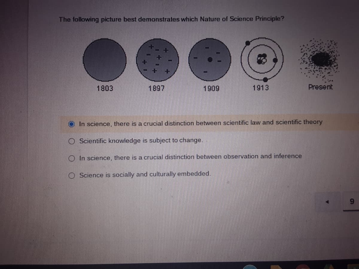 The following picture best demonstrates which Nature of Science Principle?
1803
1897
1909
1913
Present
In science, there is a crucial distinction between scientific law and scientific theory
O Scientific knowledge is subject to change.
O In science, there is a crucial distinction between observation and inference
Science is socially and culturally embedded.
9.
