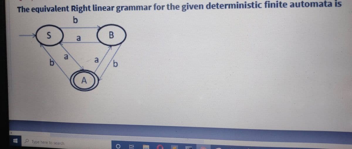 The equivalent Right linear grammar for the given deterministic finite automata is
S
a
9.
А
P Type here to search
