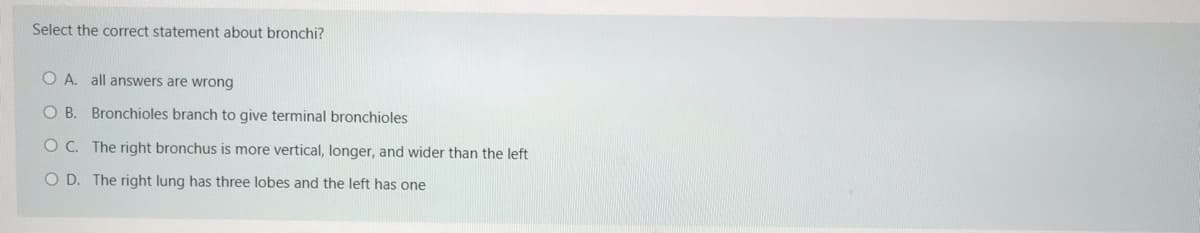 Select the correct statement about bronchi?
O A. all answers are wrong
O B. Bronchioles branch to give terminal bronchioles
O C. The right bronchus is more vertical, longer, and wider than the left
O D. The right lung has three lobes and the left has one
