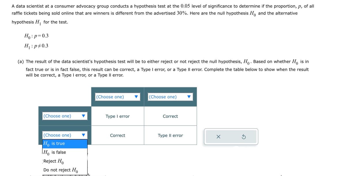 A data scientist at a consumer advocacy group conducts a hypothesis test at the 0.05 level of significance to determine if the proportion, p, of all
raffle tickets being sold online that are winners is different from the advertised 30%. Here are the null hypothesis Ho, and the alternative
hypothesis H₁ for the test.
Ho: p=0.3
H₁ p 0.3
(a) The result of the data scientist's hypothesis test will be to either reject or not reject the null hypothesis, Ho. Based on whether Ho is in
fact true or is in fact false, this result can be correct, a Type I error, or a Type II error. Complete the table below to show when the result
will be correct, a Type I error, or a Type II error.
(Choose one)
(Choose one)
(Choose one)
Type I error
(Choose one)
Ho is true
Ho is false
Reject Ho
Do not reject Ho
Correct
Correct
Type II error