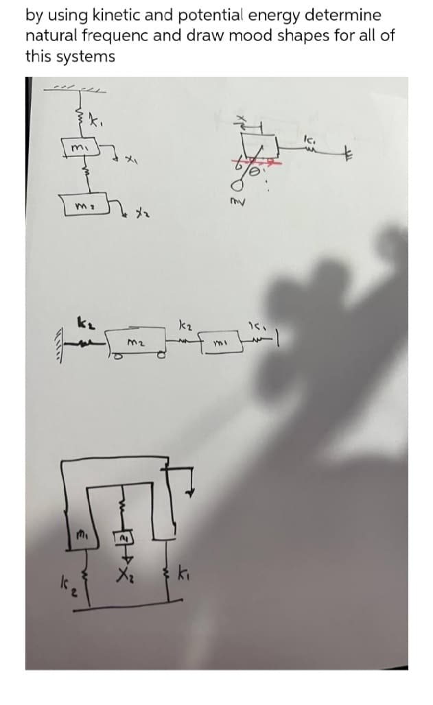 by using kinetic and potential energy determine
natural frequenc and draw mood shapes for all of
this systems
}k.
my
mi
mz
Xi
k₂
M₂
T
M₁
H
k₂
اشد