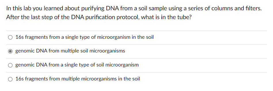 In this lab you learned about purifying DNA from a soil sample using a series of columns and filters.
After the last step of the DNA purification protocol, what is in the tube?
16s fragments from a single type of microorganism in the soil
genomic DNA from multiple soil microorganisms
genomic DNA from a single type of soil microorganism
16s fragments from multiple microorganisms in the soil

