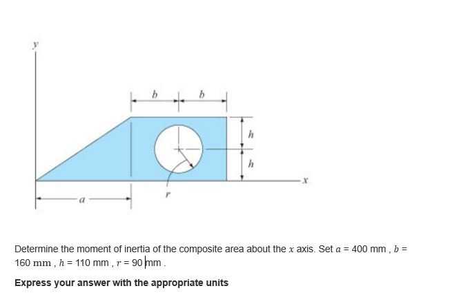 h
h
Determine the moment of inertia of the composite area about the x axis. Set a = 400 mm, b =
160 mm, h = 110 mm, 7 = 90 mm.
Express your answer with the appropriate units