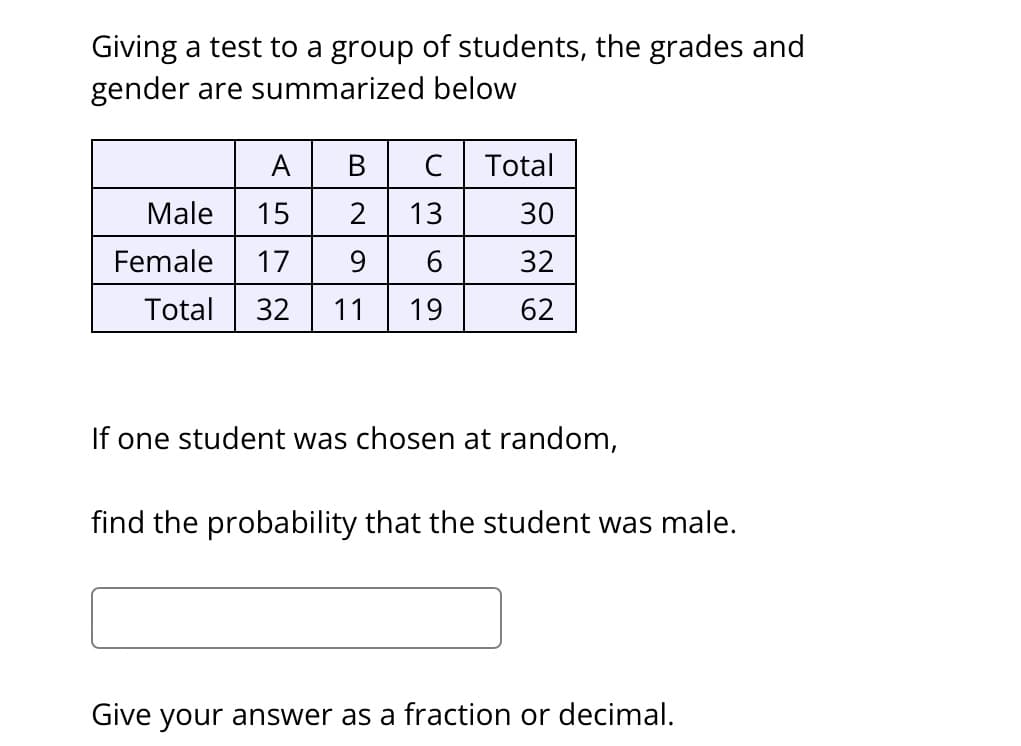 Giving a test to a group of students, the grades and
gender are summarized
below
с Total
A
B
Male 15
2
13
Female 17
9
6
Total 32 11 19
30
32
62
If one student was chosen at random,
find the probability that the student was male.
Give your answer as a fraction or decimal.
