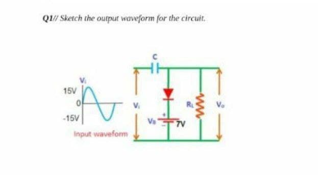 QI/ Sketch the output waveform for the circuit.
15V
V.
Ve
-15V
7V
Input waveform
