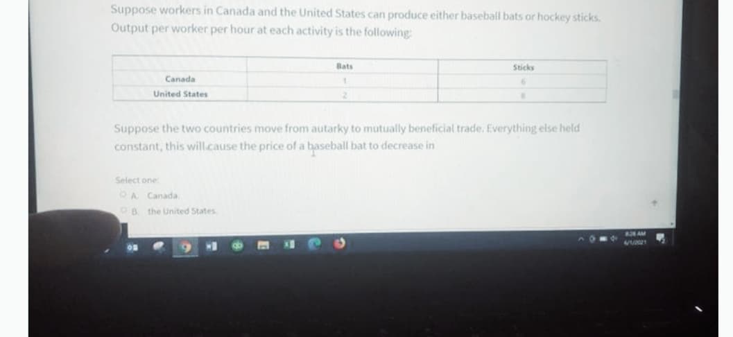 Suppose workers in Canada and the United States can produce either baseball bats or hockey sticks.
Output per worker per hour at each activity is the following
Bats
Sticks
Canada
6.
United States
Suppose the two countries move from autarky to mutually beneficial trade. Everything else held
constant, this will.cause the price of a baseball bat to decrease in
Select one:
OA Canada.
OB the United States
828AM
/2021
ob
