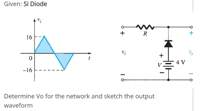Given: Si Diode
+
R
16
Vi
Vo
+
4 V
-16
Determine Vo for the network and sketch the output
waveform

