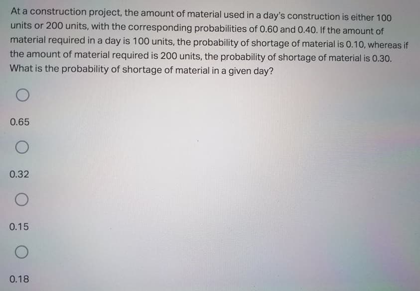 At a construction project, the amount of material used in a day's construction is either 100
units or 200 units, with the corresponding probabilities of 0.60 and 0.40. If the amount of
material required in a day is 100 units, the probability of shortage of material is 0.10, whereas if
the amount of material required is 200 units, the probability of shortage of material is 0.30.
What is the probability of shortage of material in a given day?
0.65
0.32
0.15
0.18
